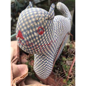 Antq 30s Primitive Handmade Folk Art Stuffed Animal Vtg Plush Cat Blue Gingham